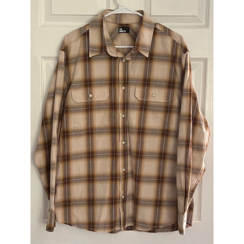 The Kooples Western Shirt S Tan Brown Plaid Pearl Snap Raw Hem HCCL29017K